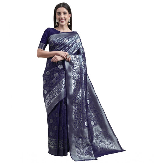 Shopper Beast Women's Kanjivaram Silk Designer Silver Weaving Saree With Unstitched Blouse (Blue, 5.50 Mtrs)