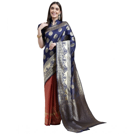 Shopper Beast Women's Kanjivaram Silk Designer Weaving Saree With Unstitched Blouse (Blue &amp; Red, 5.50 Mtrs)