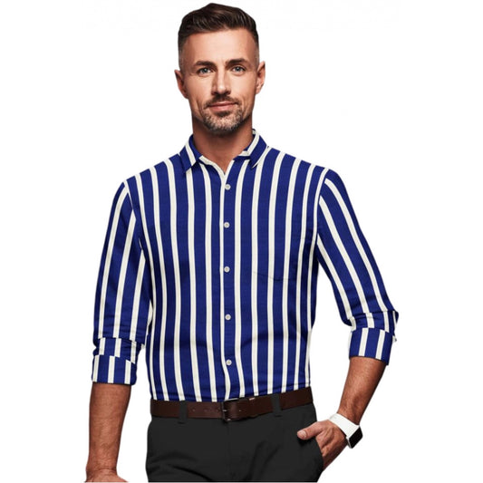 Shopper Beast Men's Cotton Blended Striped Full Sleeve Shirt (White-Blue)