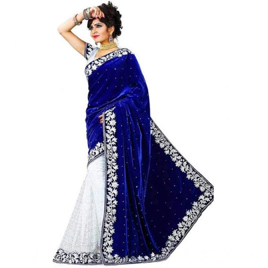 Shopper Beast Women's Velvet Embroidered Saree With Unstitched Blouse (Blue, 5.5 Mtr)