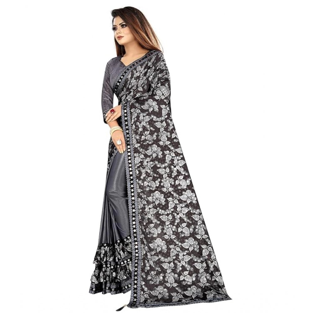 Shopper Beast Women's Lycra Solid Saree With Unstitched Blouse (Grey, 5.5 Mtr)