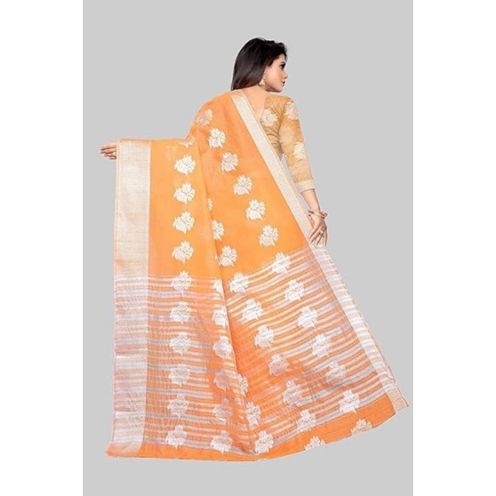 Shopper Beast Women's Cotton Silk Floral Saree With Unstitched Blouse (Orange, 5.5 Mtr)