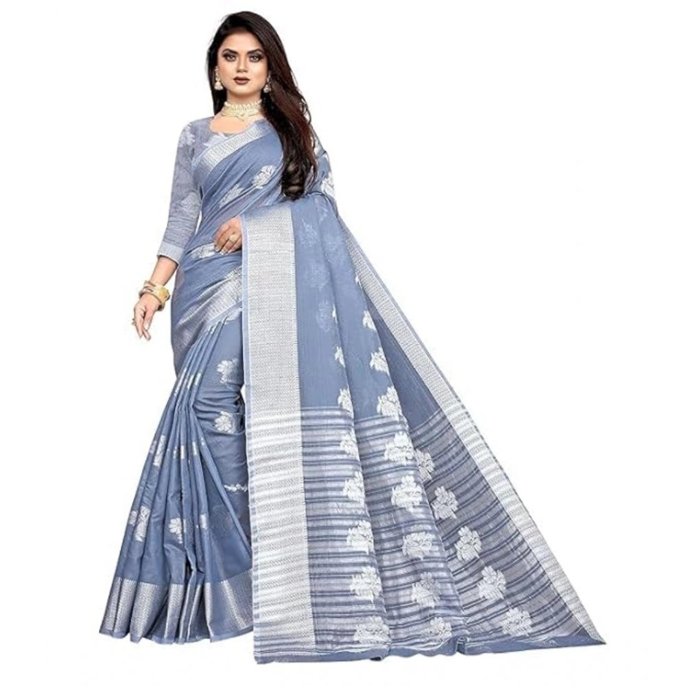 Shopper Beast Women's Cotton Silk Floral Saree With Unstitched Blouse (Grey, 5.5 Mtr)