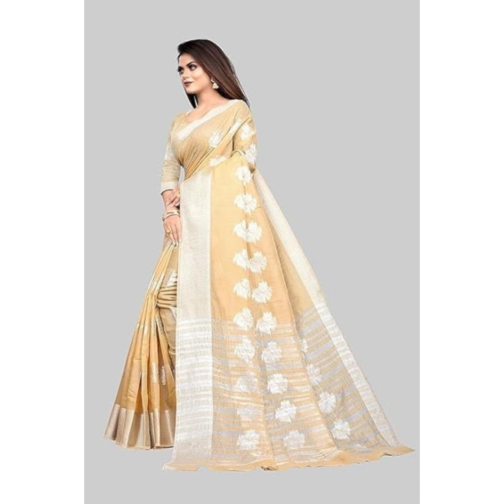 Shopper Beast Women's Cotton Silk Floral Saree With Unstitched Blouse (Beige, 5.5 Mtr)