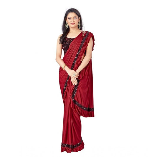 Shopper Beast Women's Lycra Solid Saree With Unstitched Blouse (Red, 5.5 Mtr)