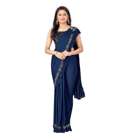 Shopper Beast Women's Lycra Solid Saree With Unstitched Blouse (Nay Blue, 5.5 Mtr)