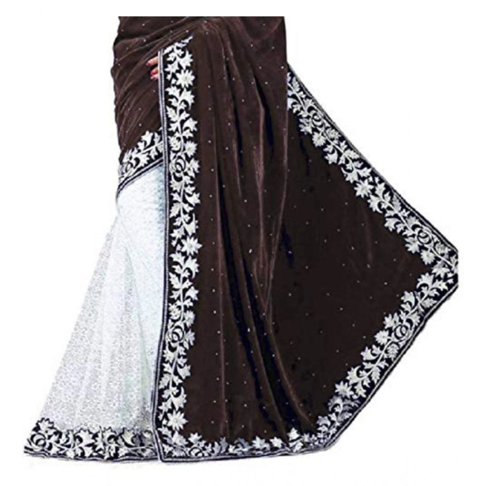 Shopper Beast Women's Velvet Embroidered Saree With Unstitched Blouse (Brown, 5.5 Mtr)