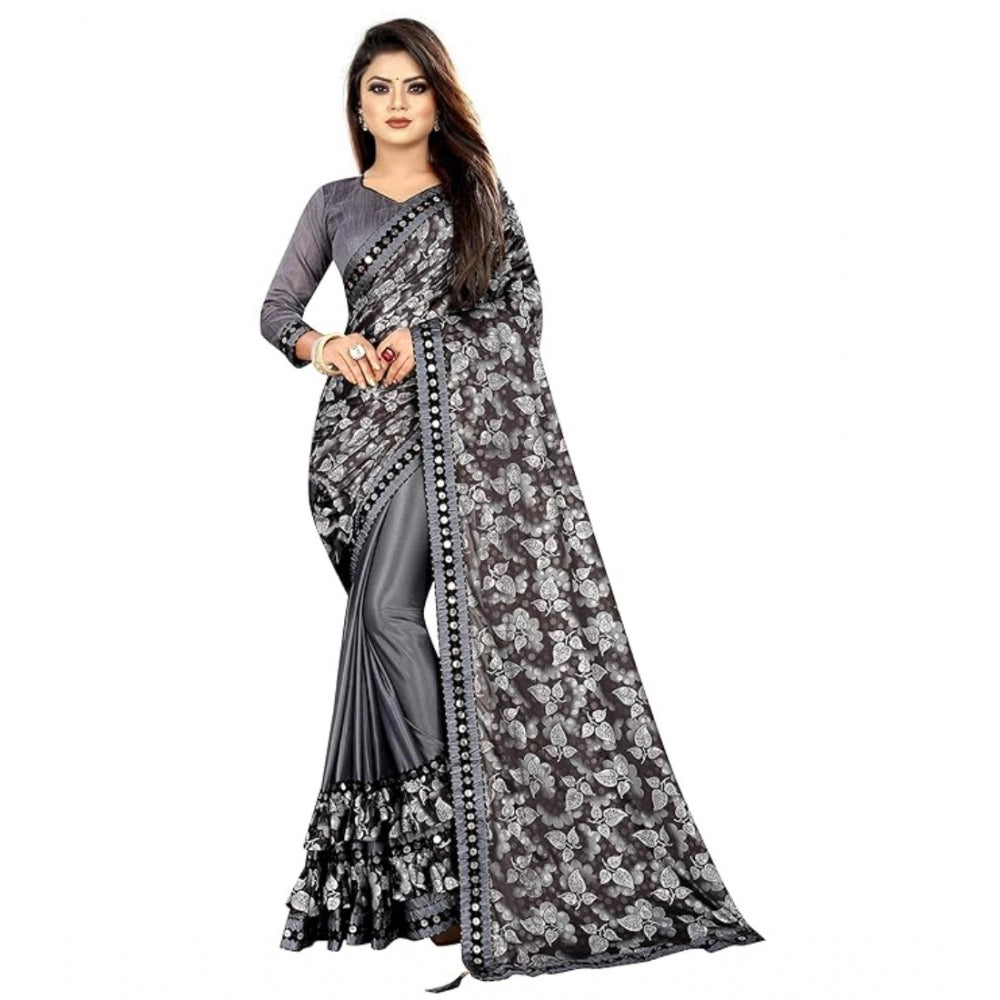 Shopper Beast Women's Lycra Solid Saree With Unstitched Blouse (Grey, 5.5 Mtr)