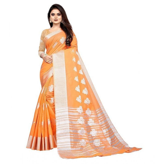 Shopper Beast Women's Cotton Silk Floral Saree With Unstitched Blouse (Orange, 5.5 Mtr)