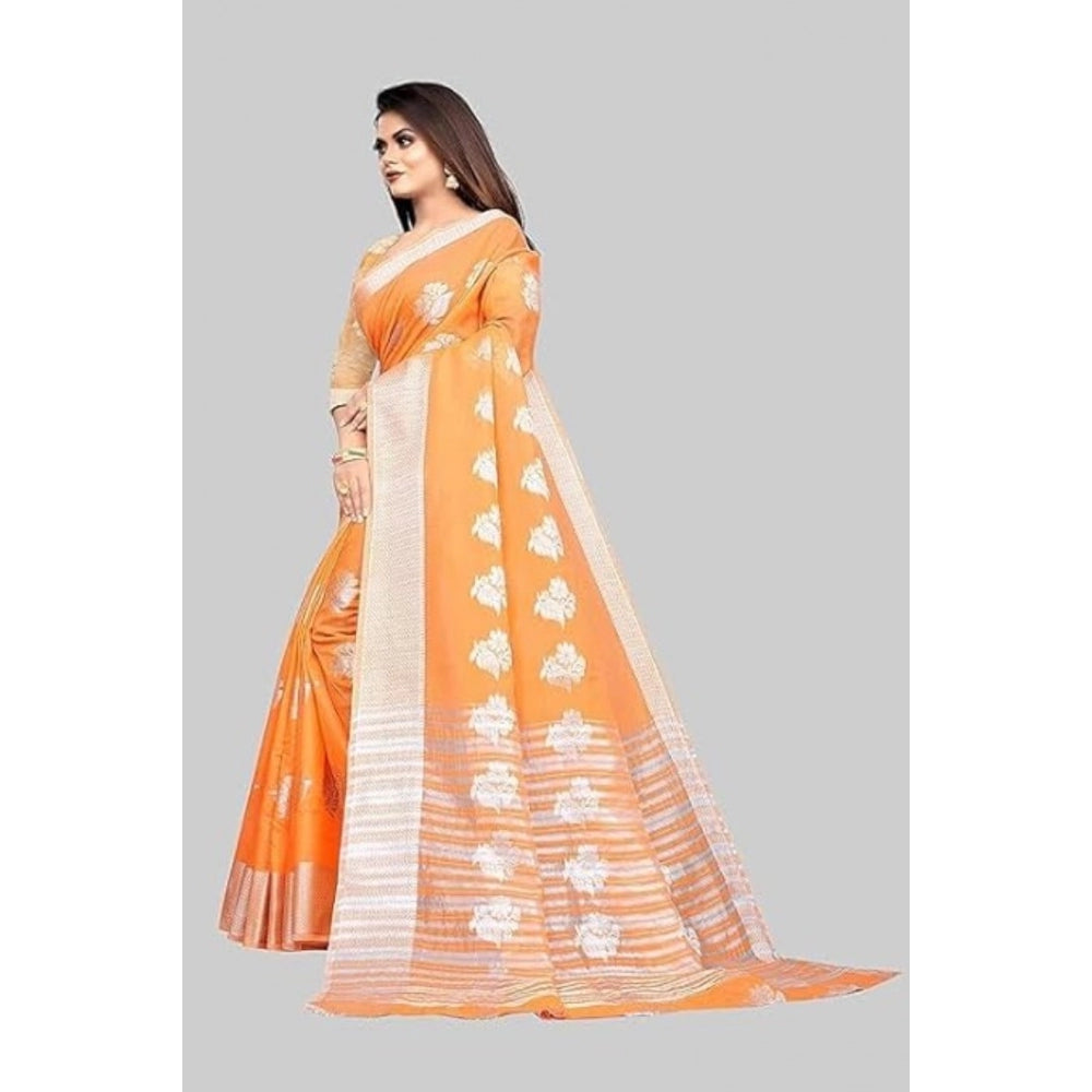 Shopper Beast Women's Cotton Silk Floral Saree With Unstitched Blouse (Orange, 5.5 Mtr)