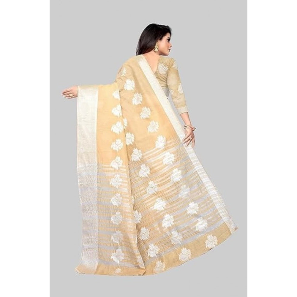 Shopper Beast Women's Cotton Silk Floral Saree With Unstitched Blouse (Beige, 5.5 Mtr)