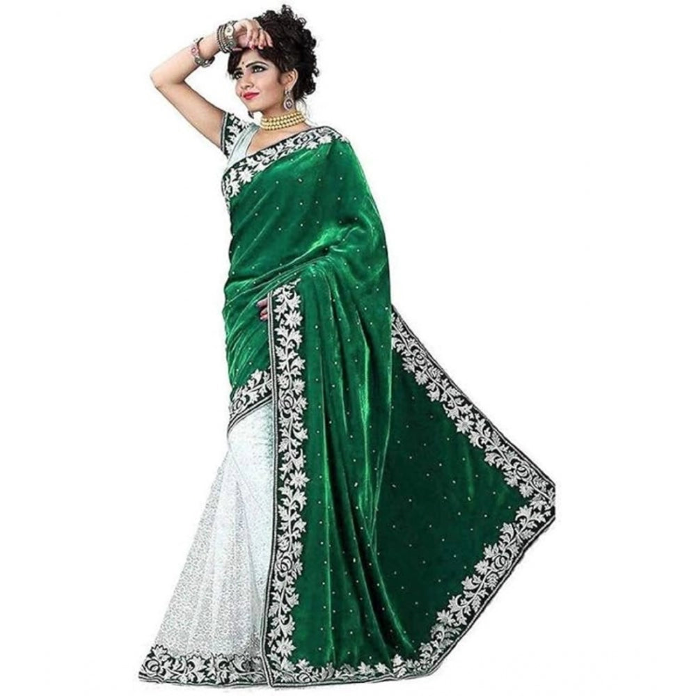 Shopper Beast Women's Velvet Embroidered Saree With Unstitched Blouse (Green, 5.5 Mtr)