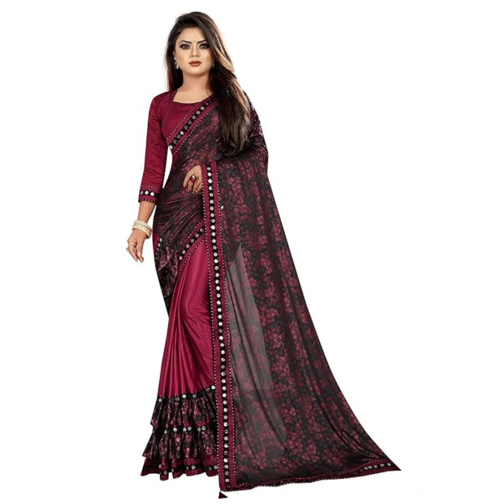 Shopper Beast Women's Lycra Solid Saree With Unstitched Blouse (Maroon, 5.5 Mtr)