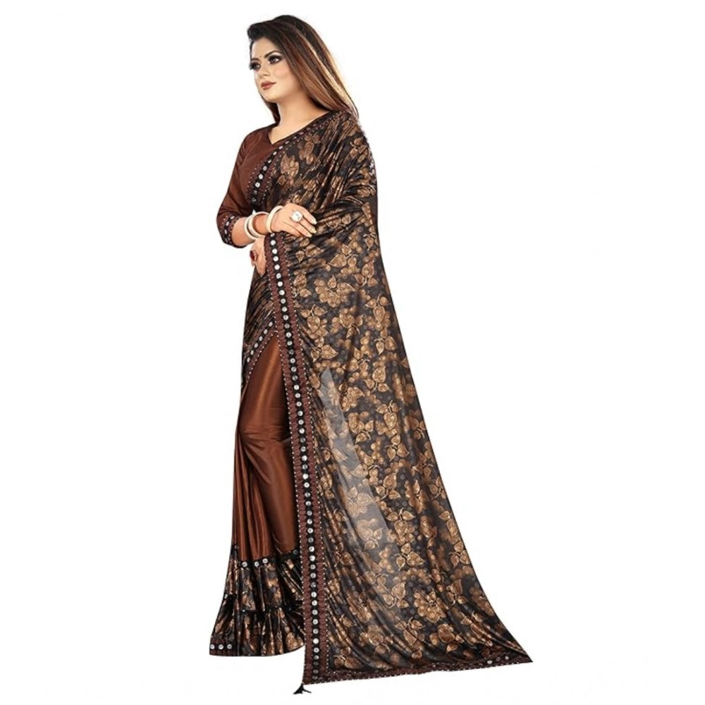 Shopper Beast Women's Lycra Solid Saree With Unstitched Blouse (Brown, 5.5 Mtr)