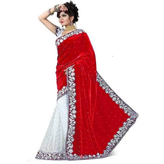 Shopper Beast Women's Velvet Embroidered Saree With Unstitched Blouse (Red, 5.5 Mtr)