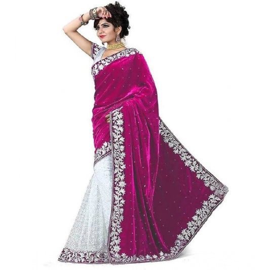 Shopper Beast Women's Velvet Embroidered Saree With Unstitched Blouse (Pink, 5.5 Mtr)