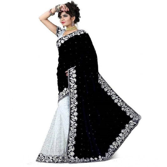 Shopper Beast Women's Velvet Embroidered Saree With Unstitched Blouse (Black, 5.5 Mtr)