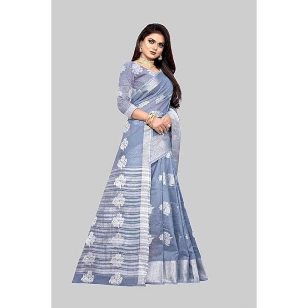 Shopper Beast Women's Cotton Silk Floral Saree With Unstitched Blouse (Grey, 5.5 Mtr)