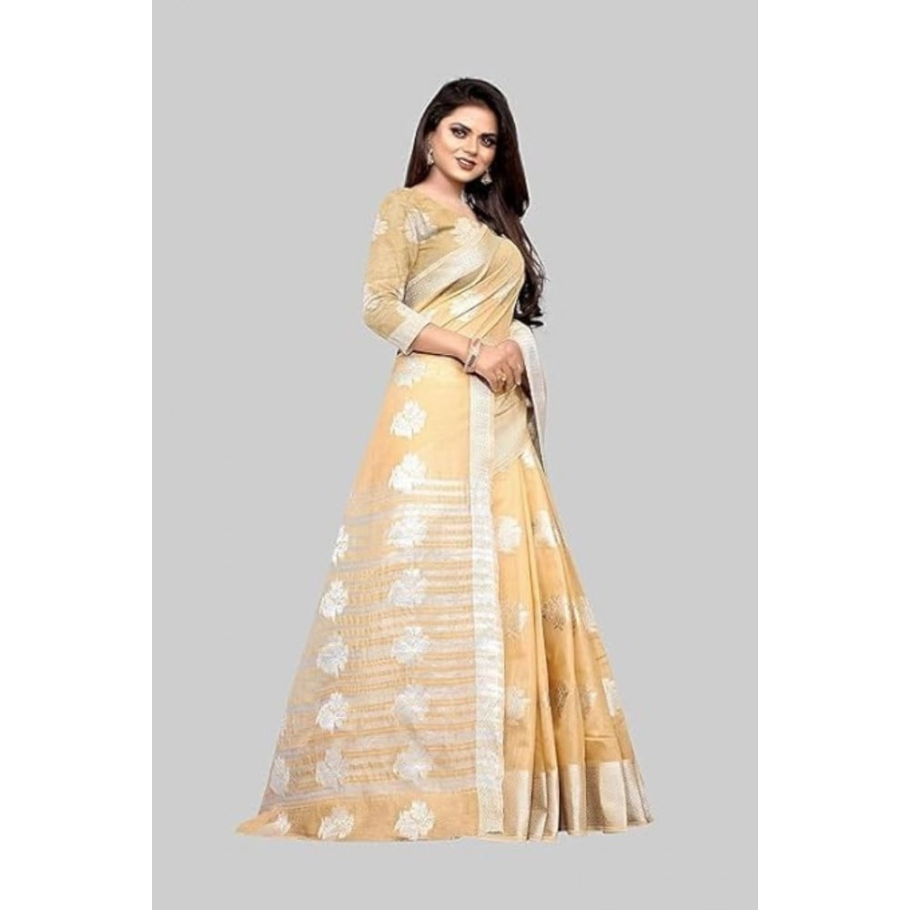 Shopper Beast Women's Cotton Silk Floral Saree With Unstitched Blouse (Beige, 5.5 Mtr)