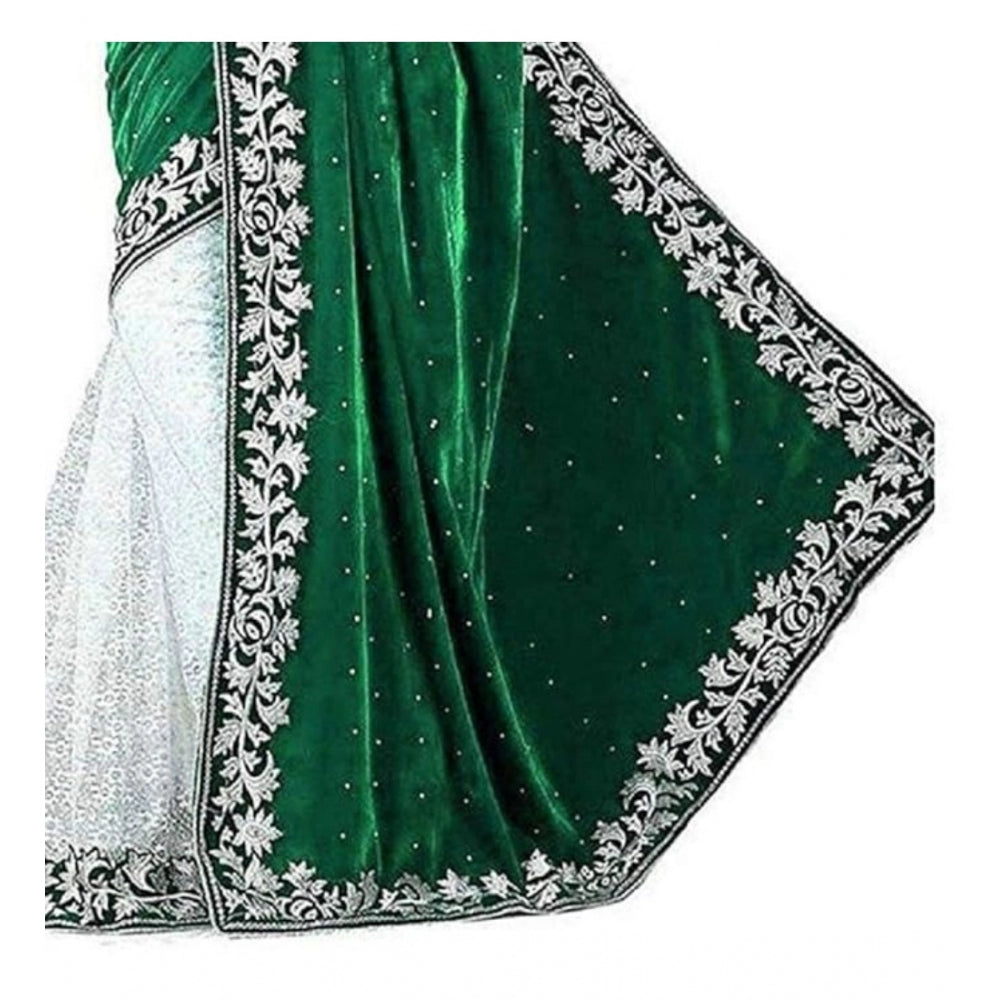 Shopper Beast Women's Velvet Embroidered Saree With Unstitched Blouse (Green, 5.5 Mtr)