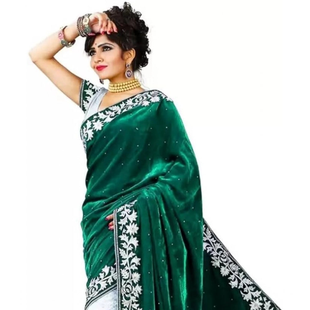 Shopper Beast Women's Velvet Embroidered Saree With Unstitched Blouse (Green, 5.5 Mtr)