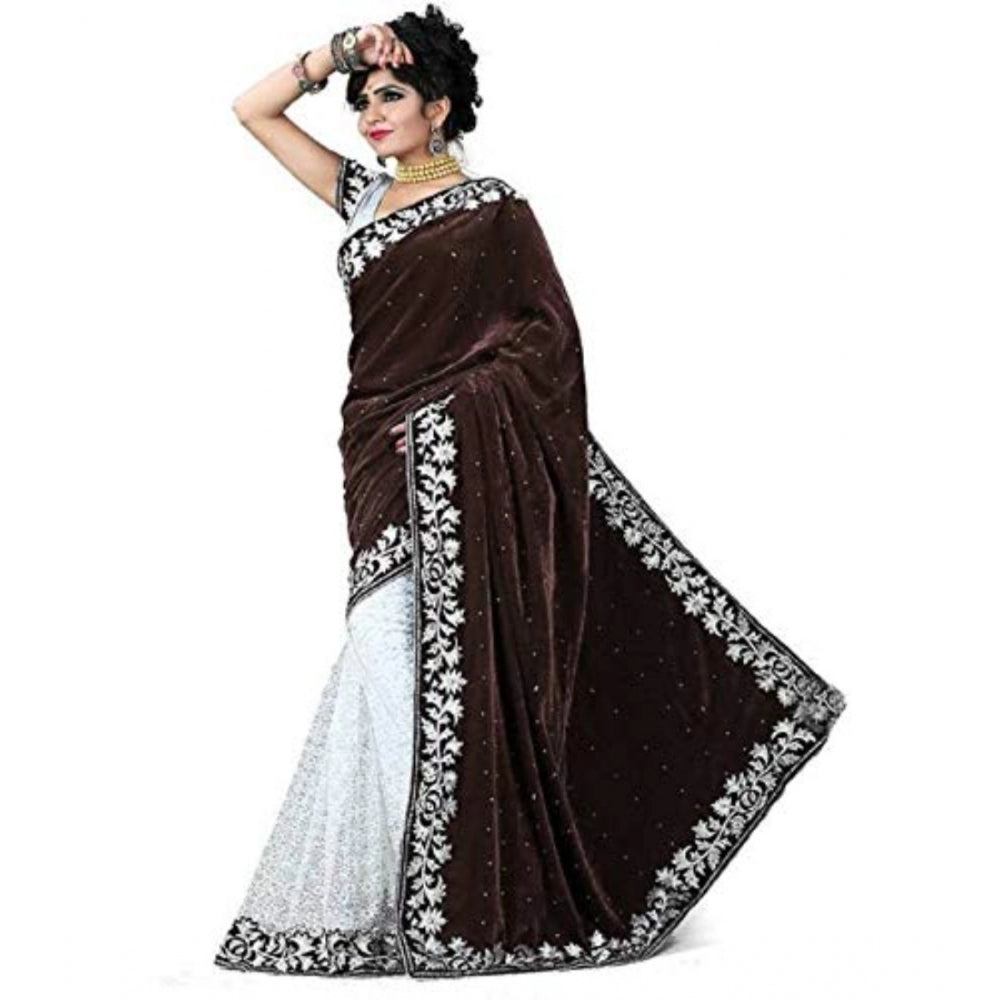 Shopper Beast Women's Velvet Embroidered Saree With Unstitched Blouse (Brown, 5.5 Mtr)