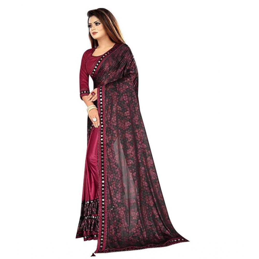 Shopper Beast Women's Lycra Solid Saree With Unstitched Blouse (Maroon, 5.5 Mtr)