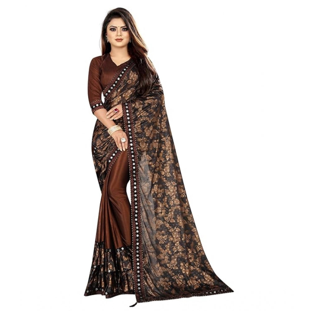 Shopper Beast Women's Lycra Solid Saree With Unstitched Blouse (Brown, 5.5 Mtr)