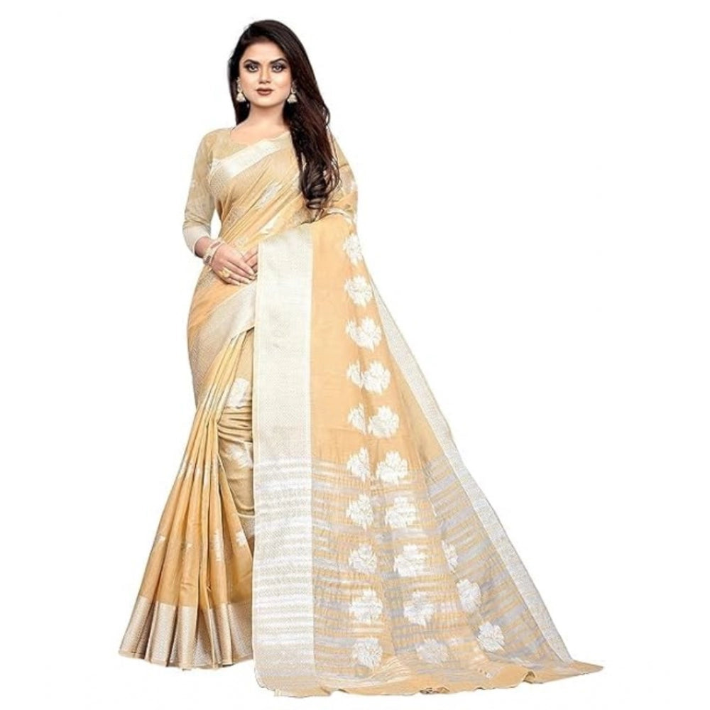 Shopper Beast Women's Cotton Silk Floral Saree With Unstitched Blouse (Beige, 5.5 Mtr)