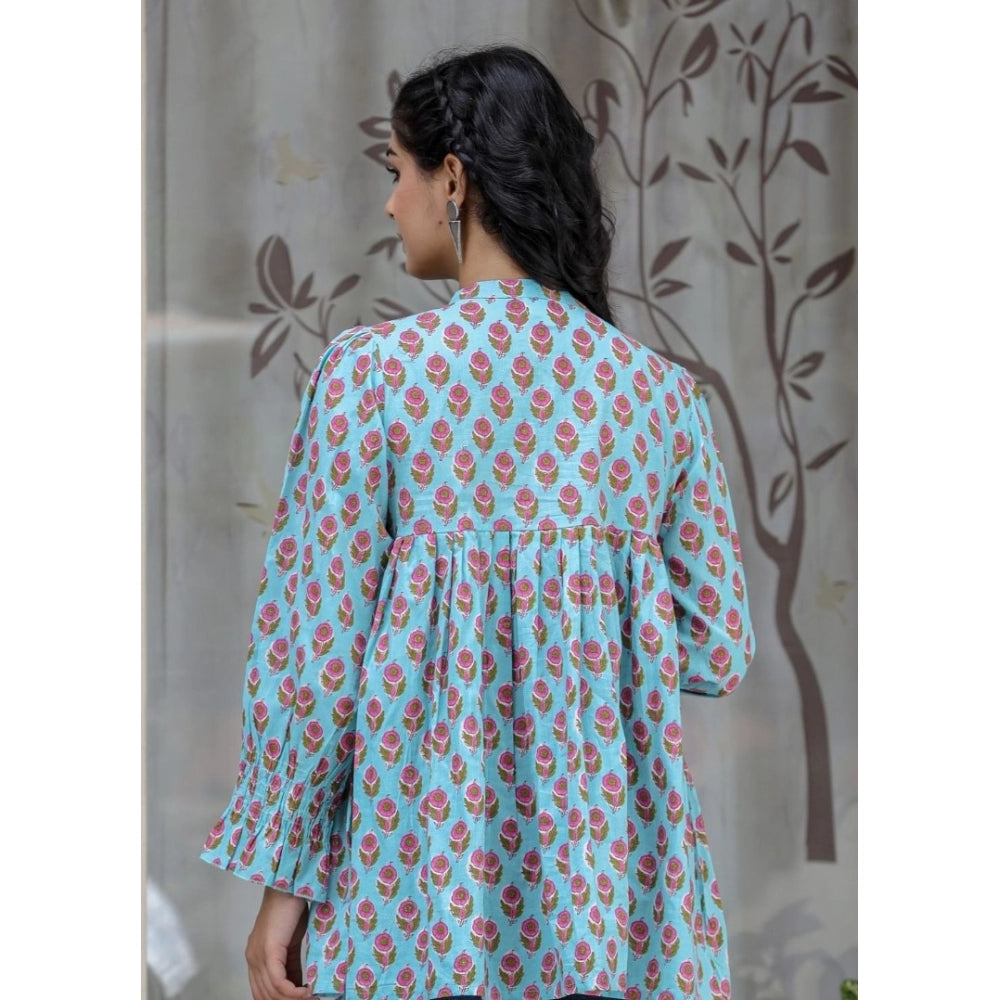 Shopper Beast Women's Cotton Printed Full Sleeve Mandarin collar Tunics (Turquoise)