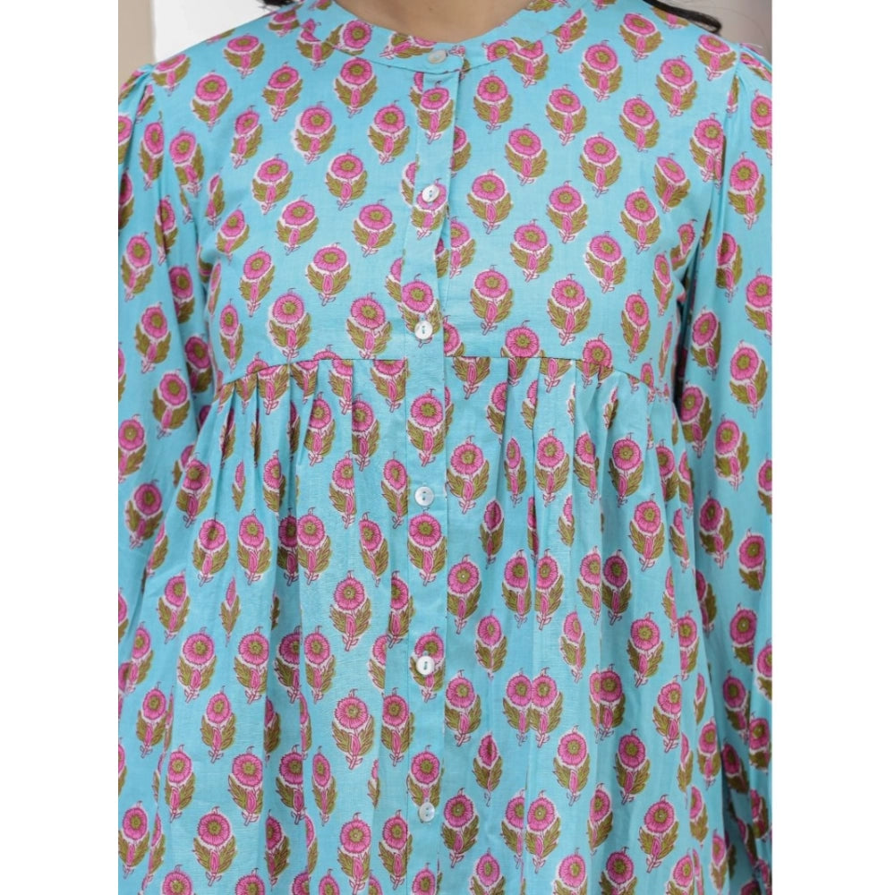 Shopper Beast Women's Cotton Printed Full Sleeve Mandarin collar Tunics (Turquoise)