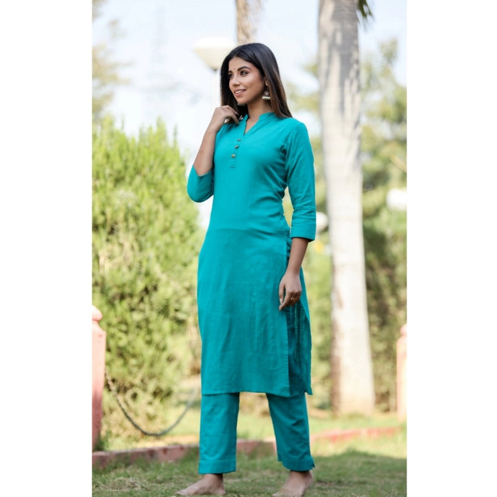 Shopper Beast Women's Cotton Solid 3/4 Sleeve Mandarin collar Kurti (Green)