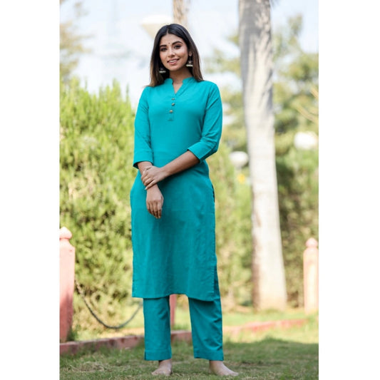 Shopper Beast Women's Cotton Solid 3/4 Sleeve Mandarin collar Kurti (Green)