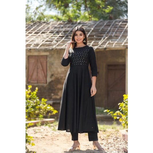 Shopper Beast Women's Cotton Solid 3/4 Sleeve Round Neck Kurti (Black)