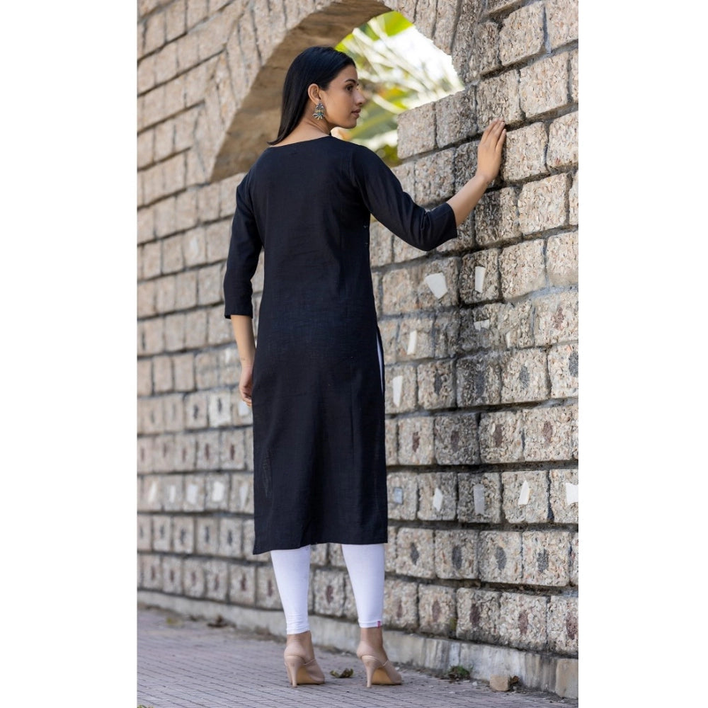 Shopper Beast Women's Cotton Solid 3/4 Sleeve Round Neck Kurti (Black)