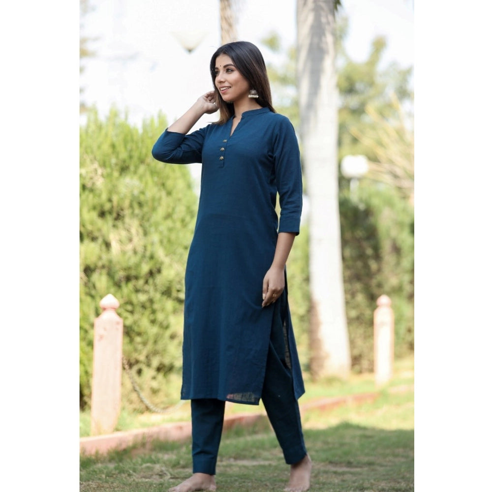 Shopper Beast Women's Cotton Solid 3/4 Sleeve Mandarin collar Kurti (Blue)