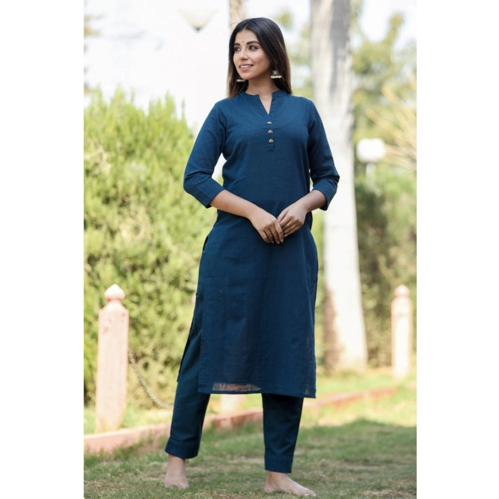 Shopper Beast Women's Cotton Solid 3/4 Sleeve Mandarin collar Kurti (Blue)