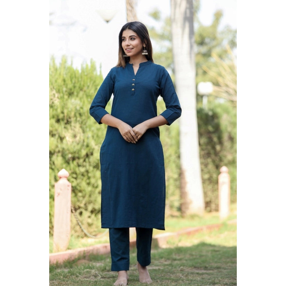 Shopper Beast Women's Cotton Solid 3/4 Sleeve Mandarin collar Kurti (Blue)