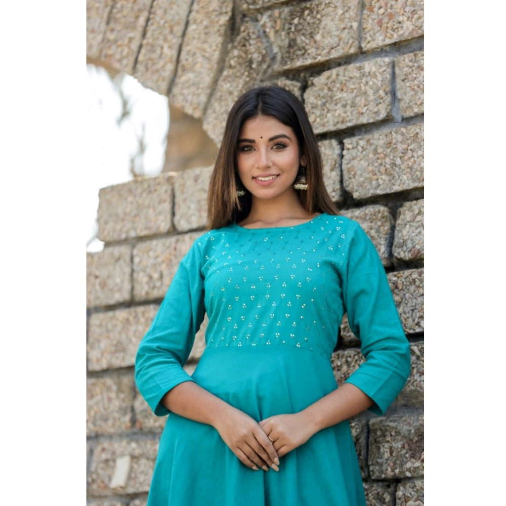 Shopper Beast Women's Cotton Solid 3/4 Sleeve Round Neck Kurti (Green)