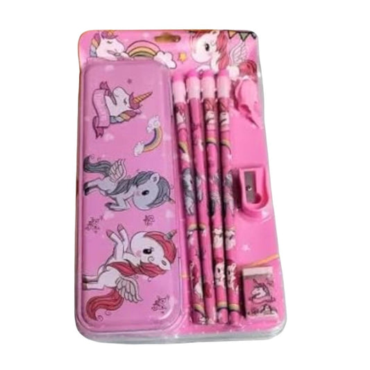 8_Pcs Set Unicorn Metal Pencil Box With 4 Pencils, 1 Sharpner, 1 Eracer And 1 Pencil Cap| Metal Box| Stationery | 3+ Years